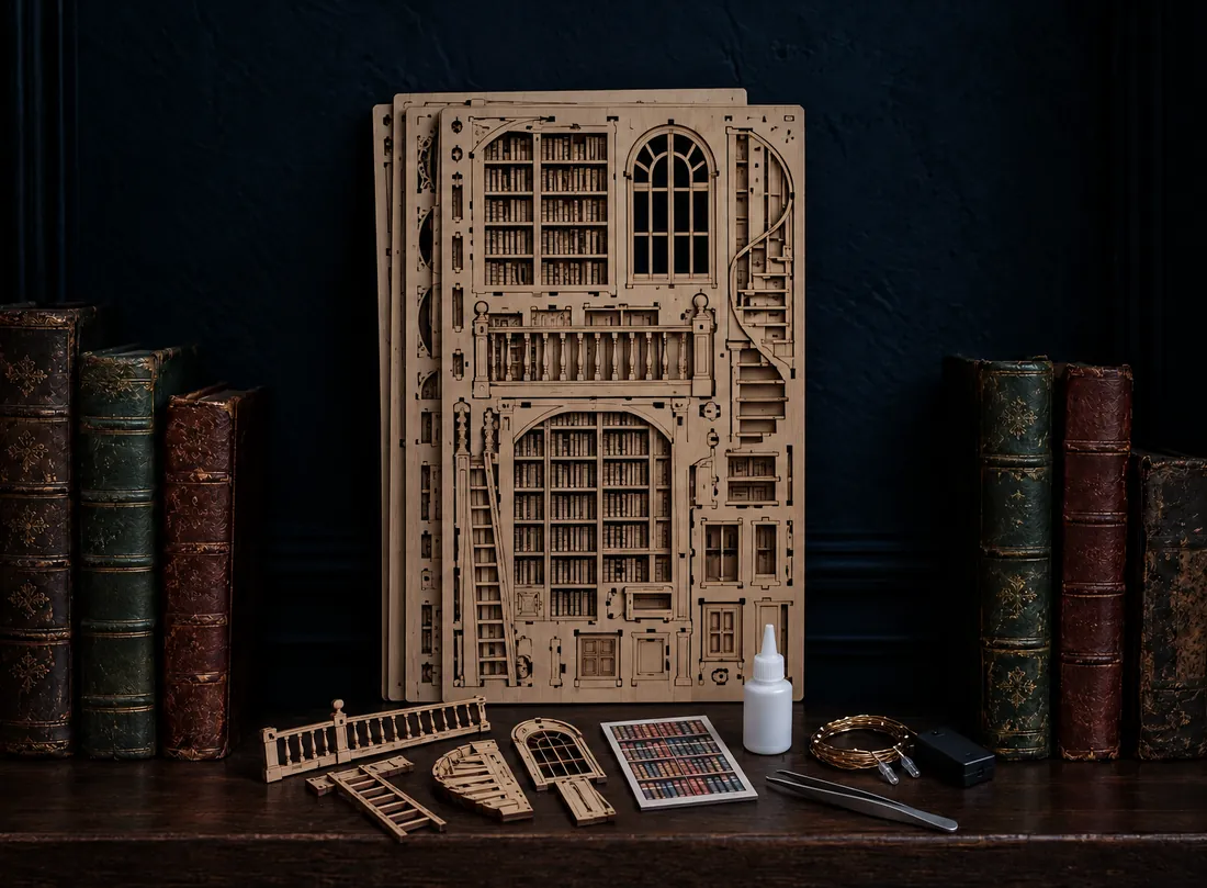 The same shelf with the unbuilt kit: laser-cut plywood sheets, loose parts, printed paper, glue, tweezers and LED wire